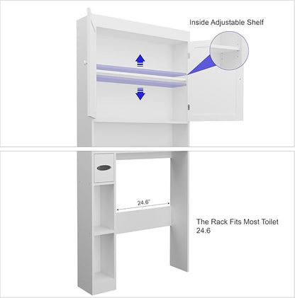 Over-The-Toilet Storage Cabinet - 2 Door Bathroom Organizer with Adjustable Shelves, Farmhouse Style Space-Saving Rack for Bathroom, Toilet, Laundry Room (White)