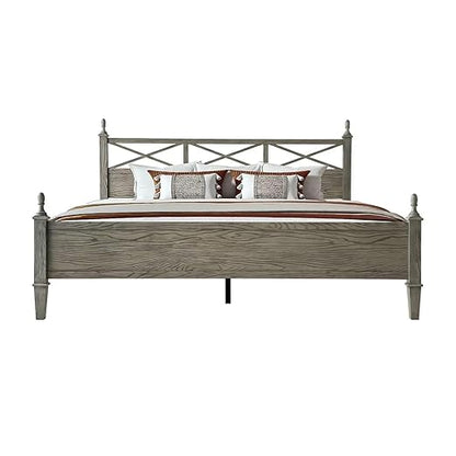 Queen Size Platform Bed Frame with Solid Wood Headboard & Footboard, Metal Legs, 12 Durable Slatted Base, No Box Spring Needed, Easy Assembly, Noise-Free & Anti-Slip, Weathered Gray Oak Finish, RIQ-34