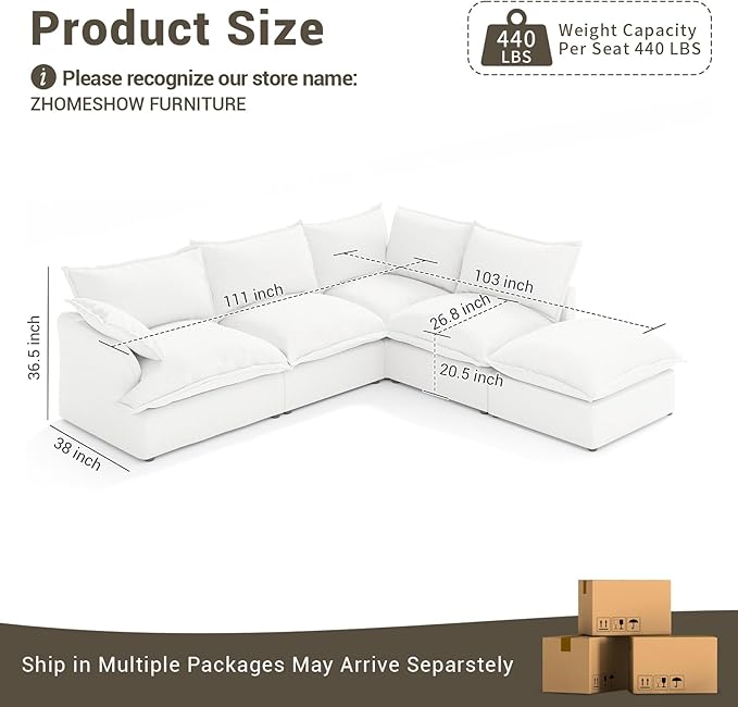 Oversized Cloud Modular Sectional Sofa, Comfy Down Filled Cloud Couch with Removable Cover, L Shaped 4 Seat Couch with Ottoman, Deep Seat Sectional Couches for Living Room, Cream White