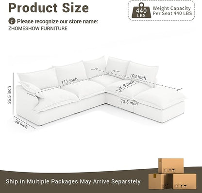 Oversized Cloud Modular Sectional Sofa, Comfy Down Filled Cloud Couch with Removable Cover, L Shaped 4 Seat Couch with Ottoman, Deep Seat Sectional Couches for Living Room, Cream White