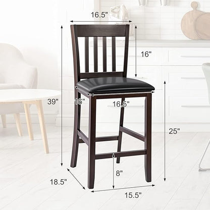 COSTWAY Counter Height Bar Stools Set of 2, 25'' Wooden Pub Chairs with PU Leather Seat, Mid Century Modern Upholstered Island Chairs for Kitchen, Living Room, Dining Room, Bar