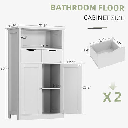 Shintenchi Floor Storage Cabinet, Bathroom Organizer with Doors and Drawers, Freestanding Side Cupboard Pantry with Adjustable Shelf, White