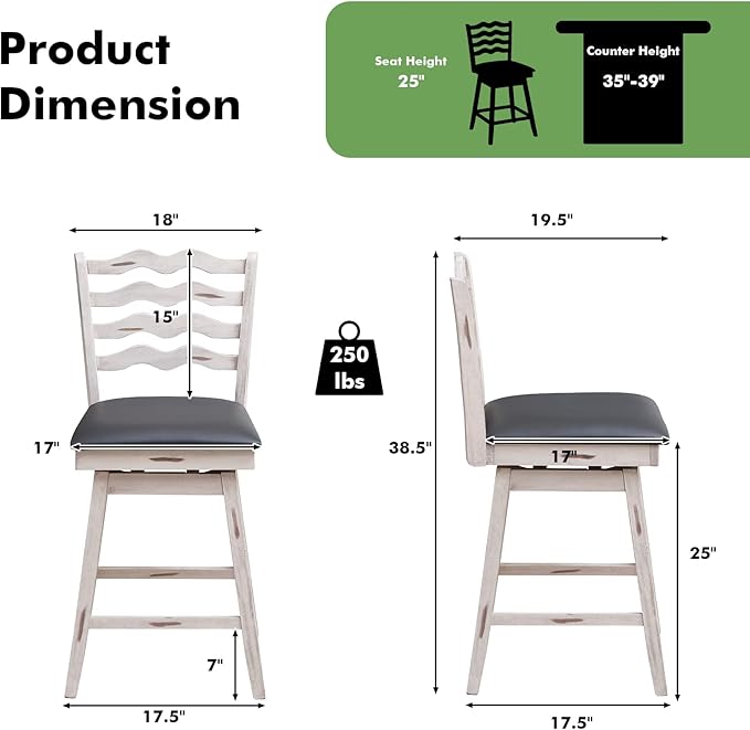 COSTWAY Bar Stools Set of 2, 25” 360° Swivel Counter Height Chairs with Rubber Wood Frame, Cushioned Seat, Ergonomic Backrest & Footrest, Wooden Upholstered Barstools for Kitchen Island (2, 25”)