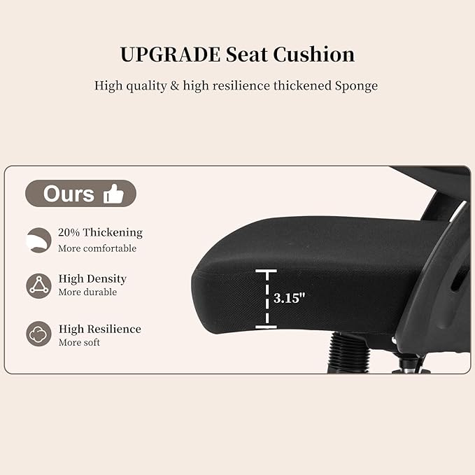 Office Chair Ergonomic, Comfy Desk Chair with Flip up Arms, Mesh Computer Chair with Adjustable Lumbar Support, Home Office Chairs 300 Lbs Capacity