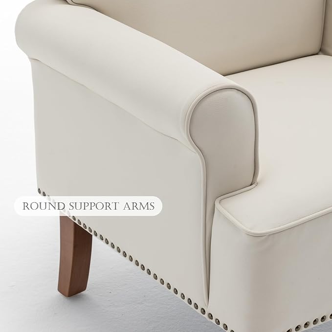 HOMEFLEX Accent Chair, Faux Leather Living Room Chairs with Nailhead Trim, Mid-Century Lounge Armchair with Solid Wood Legs, Comfy Reading Single Sofa for Bedroom, Waiting Room (White, 1 Chair)