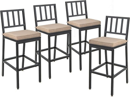 COSTWAY 4 PCS Patio Bar Chairs, Heavy-Duty Metal Frame Bar Stools, Indoor Outdoor All-Weather Resistant Barstools with Detachable Cushion & Footrest, for Patio, Garden, Poolside (4)
