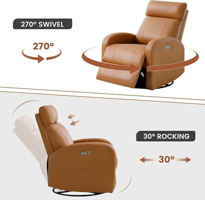 Power Recliner, Faux Leather Swivel Rocker Recliner Chair with USB Port, Electric Swivel Rocking Reclining Chair Glider Recliner for Adults Living Room, Brown