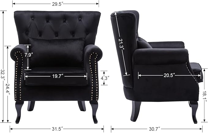 chairus Mid-Century Modern Accent Chair Comfy Tufted Single Sofa Chair Wingback Armchair with Pillow for Club, Living Room, Bedroom - Velvet, Black