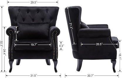 chairus Mid-Century Modern Accent Chair Comfy Tufted Single Sofa Chair Wingback Armchair with Pillow for Club, Living Room, Bedroom - Velvet, Black