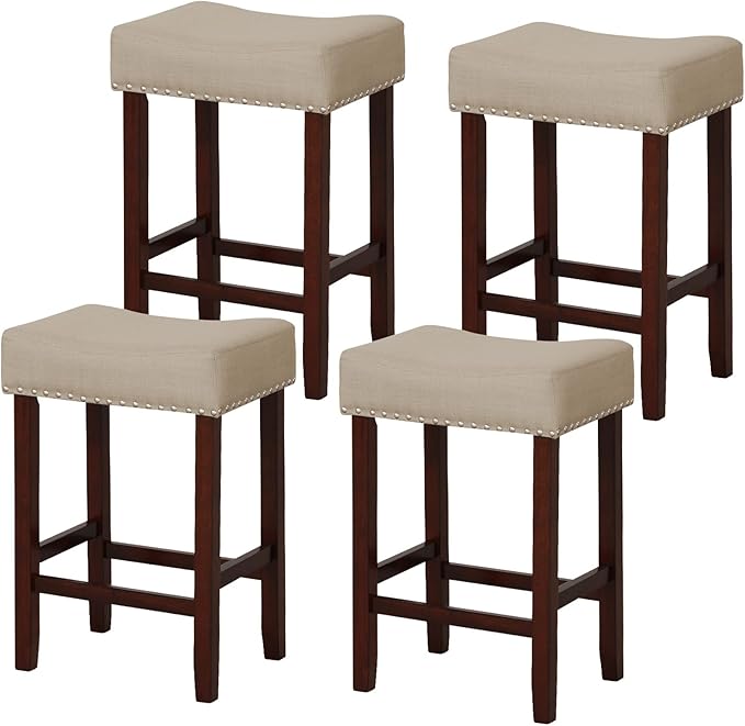 COSTWAY Counter Height Bar Stools Set of 4, 25-inch Backless Saddle Stools with Nailhead Trim, Rubber Wood Frame, Footrest, Max Load 330 Lbs, Upholstered Barstools for Kitchen Island Pub, Beige