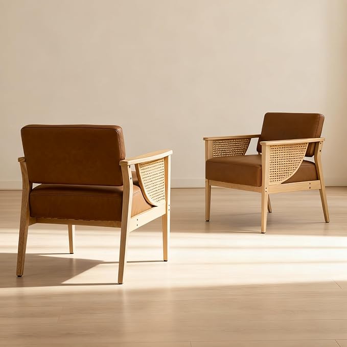 Mid Century Modern Accent Chair, Rattan Armchair with Wood Legs Living Room Chair PU Leather Upholstered Lounge Chair for Bedroom Reading Room, Brown