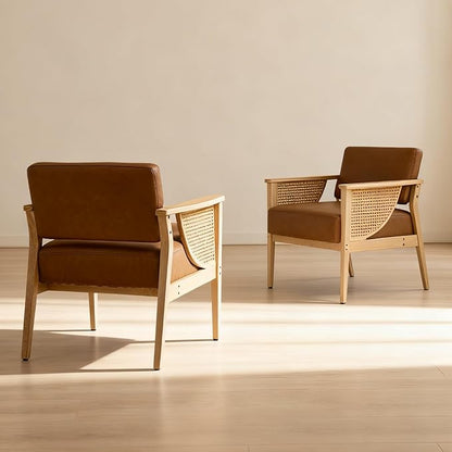 Mid Century Modern Accent Chair Set of 2, Rattan Armchair with Wood Legs Living Room Chair PU Leather Upholstered Lounge Chair for Bedroom Reading Room, Brown
