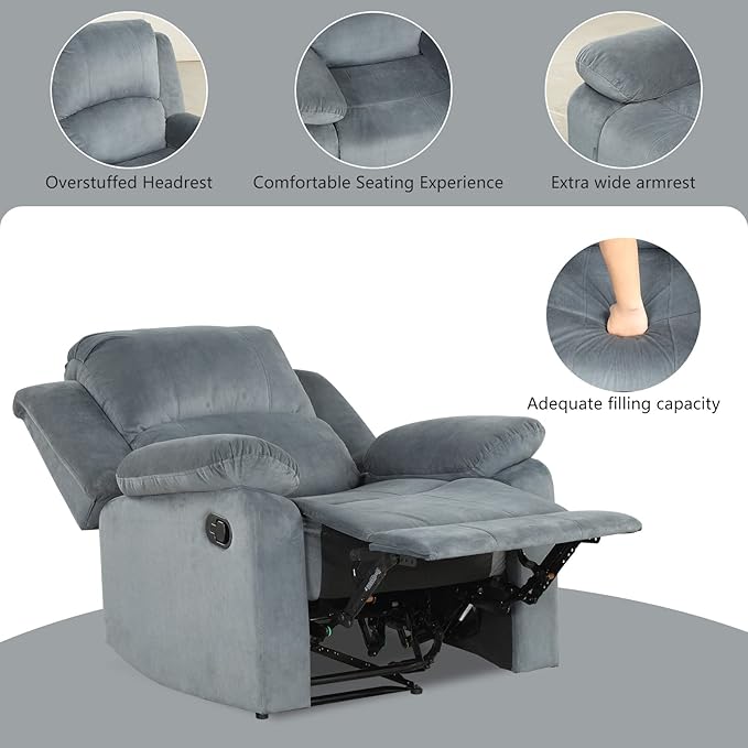 CANMOV Manual Recliner Chair, Soft Fabric Overstuffed Recliner Single Sofa Chair for Living Room, Heavy Duty and Safety Reclining Mechanism (Blue Grey)