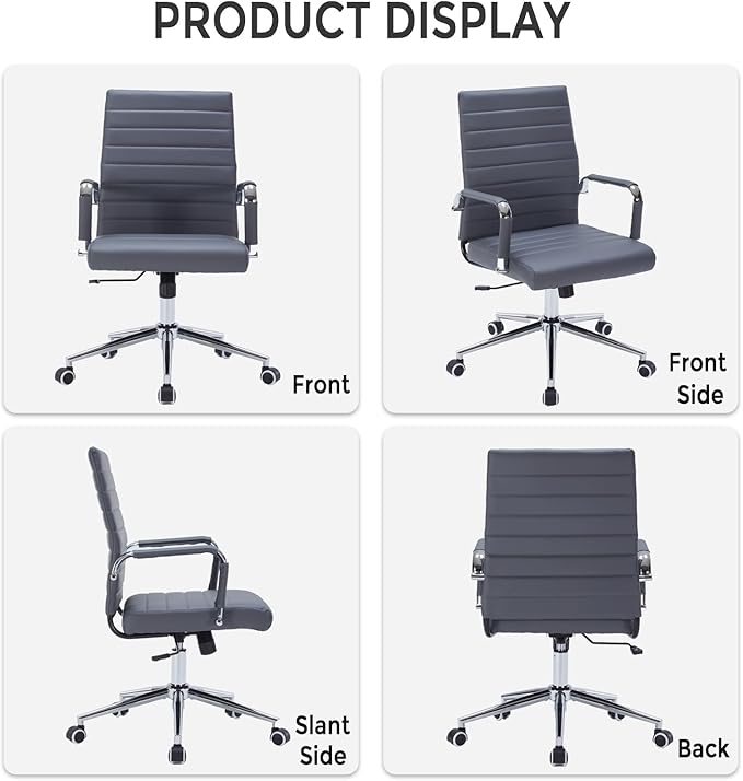 Sidanli Executive Desk Chair, Ergonomic PU Leather Conference Chair with Adjustable Lumbar Support and Rolling Wheels for Home Office Game Room, Mid Back, Gray