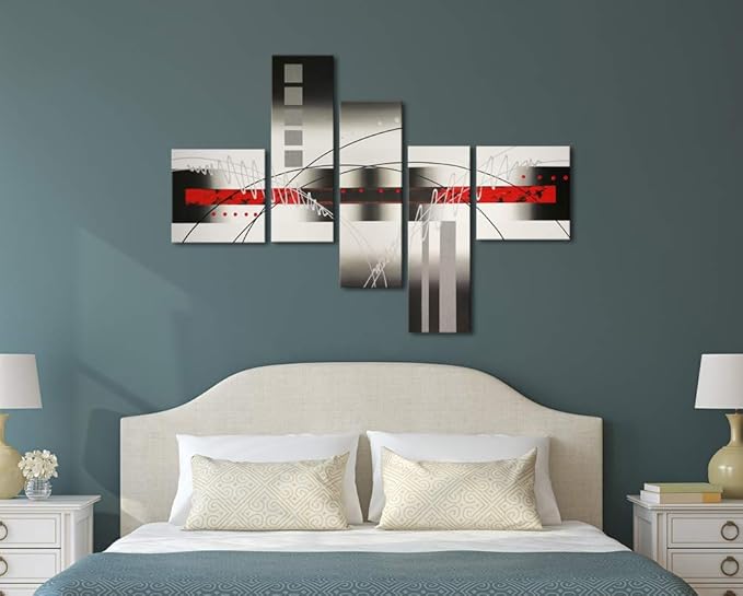 Wieco Art Stretched and Framed 100% Hand-Painted Modern Canvas Wall Art Decor Perfect White Lines Home Decoration Abstract Oil Paintings on Canvas 5pcs/Set