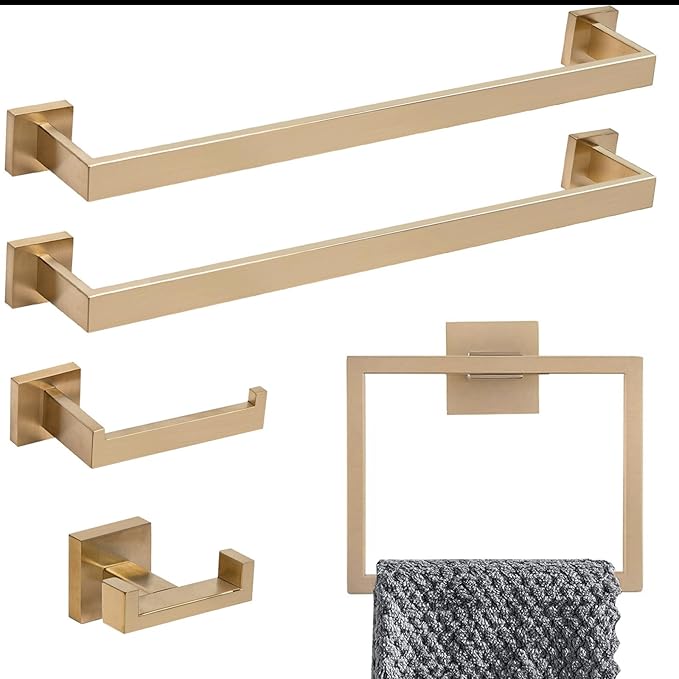 Lava Odoro 5-Piece Towel Bar Set Champagne Gold, Modern Brushed Gold Bathroom Hardware Accessories Set 23.6 Inch Towel Rack Set SUS304 Stainless Steel Wall Mounted (Champagne Gold, 5-Piece)