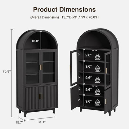 Arched Cabinet with Glass Doors, Fluted Tall Pantry with Solid Wood Legs, 71" Modern Accent Cabinet for Living Room, Kitchen, Dining Room, Entryway, Black