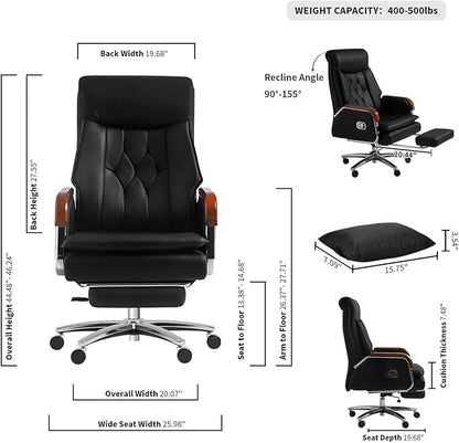 Kinnls Cameron Massage Chair Genuine Leather Executive Office Chair for Long Hours Ergonomic Home Chair Fully Reclining with Pillow,Retractable Footrest and Adjustable Headrest (Cowhide Leather-Black)