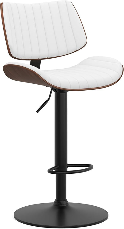 SIMPLIHOME Novak Adjustable Swivel Bar Stool - 33 inch Seat Height Upholstered Metal Chair in White Vegan Faux Leather, Mid Century Seating for Kitchen or Bar with Curved Bentwood Back