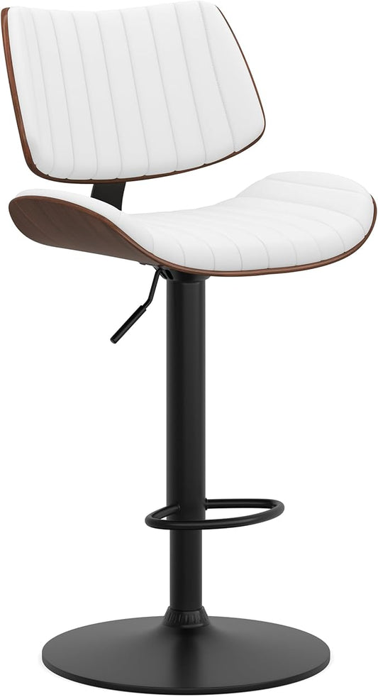 SIMPLIHOME Novak Adjustable Swivel Bar Stool - 33 inch Seat Height Upholstered Metal Chair in White Vegan Faux Leather, Mid Century Seating for Kitchen or Bar with Curved Bentwood Back