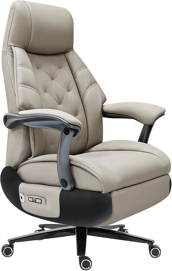 Kinnls Magnus Massage Office Chair with Ventilation and Heating,Leather Power Recliner Chair with Footrest,Big and Tall Ergonomic Comfy Home Office Desk Chairs High Back 500lbs (Light Gray)