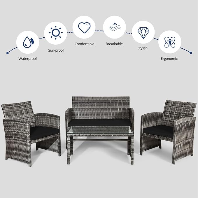 COSTWAY Patio Furniture Set 4 Pieces, Outdoor Wicker Chairs Sofa w/Coffee Table and Soft Cushions, Rattan Conversation Sets for Patio Lawn Backyard Yard Pool Garden, Black