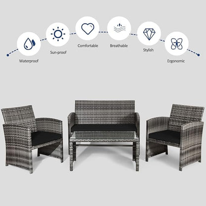 COSTWAY Patio Furniture Set 4 Pieces, Outdoor Wicker Chairs Sofa w/Coffee Table and Soft Cushions, Rattan Conversation Sets for Patio Lawn Backyard Yard Pool Garden, Black