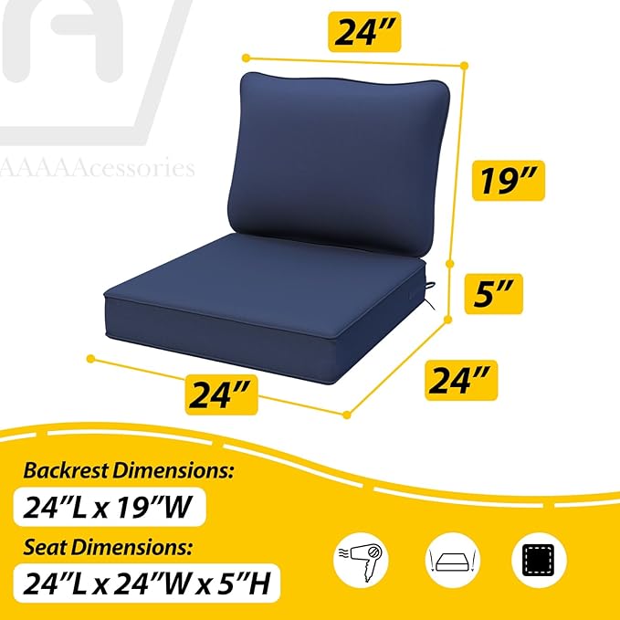 AAAAAcessories Outdoor Deep Seat Cushions, Waterproof, Fade-Resistant Patio Furniture Replacement Cushions, 24" x 24" x 5", Navy Blue