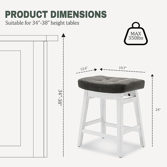 Counter Height Bar Stools Set of 3 for Kitchen Counter Farmhouse Modern Barstools with Faux Leather Upholstered Backless Seat and Solid Wood Legs 24 inch Bar Chairs, Grey + White