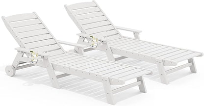 SERWALL Patio Chaise Lounge Chair Set of 2, 78'' Long 5-Positions Adjustable HDPE Outdoor Lounger for Pool, Poly Lounge Chair with Rolling Wheels & Cup Holder for Poolside, Deck, White