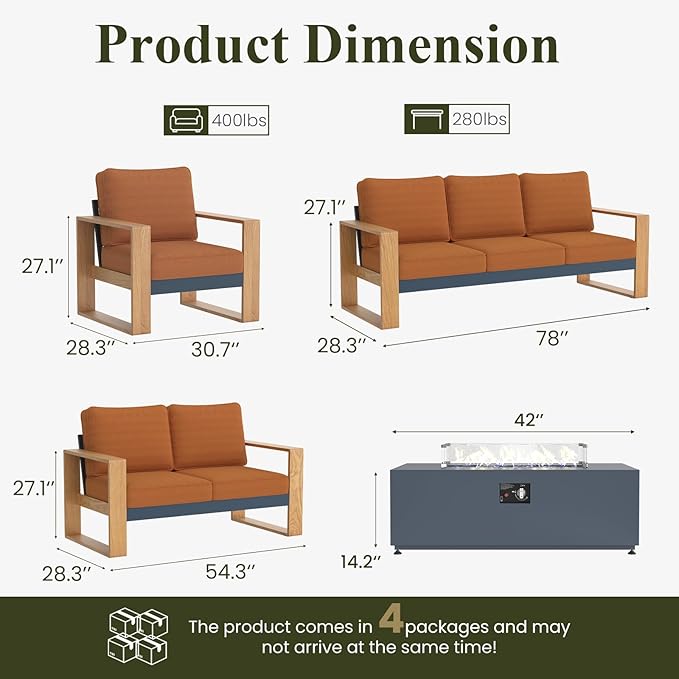 LayinSun 5 Pieces Aluminum Patio Furniture Set with Fire Pit Table, Oversized Seat with Hight Back, Outdoor Conversation Sets for Porch, Balcony, Deck