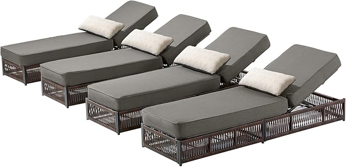 Luxury Outdoor Chaise Lounges with 5 Inch Thickened Cushions - Set of 4 High Back Brown Wicker Patio Recliners Rattan Reclining Chairs Porch Poolside Pool Sunbathing Lounger- Grey