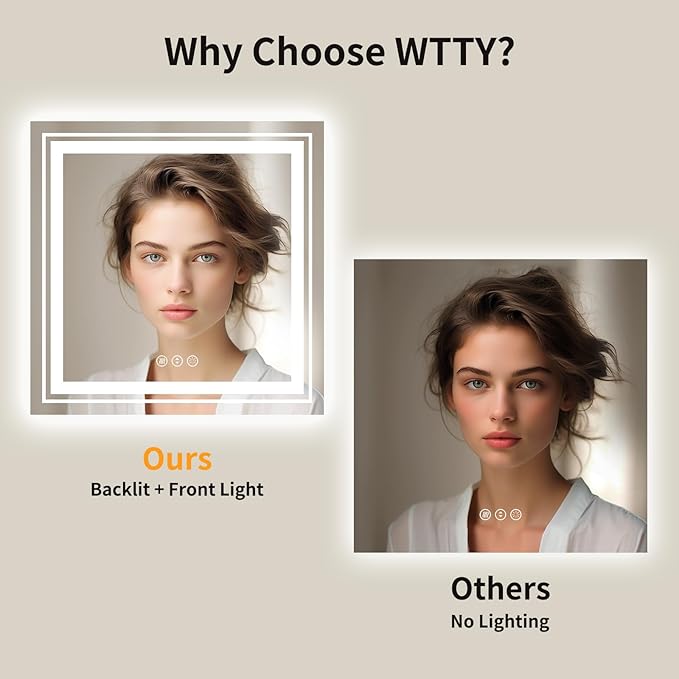 WTTY LED Bathroom Mirror 32"x32" with Backlit and Front Light,Stepless Dimmable LED Mirror for Bathroom,Anti-Fog Lighted Bathroom Vanity Mirror Modern for Wall,Memory Function,Shatter-Proof