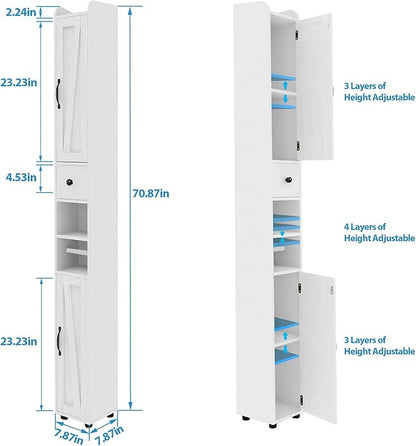 Maupvit Bathroom Cabinet with Adjustable Shelf, Storage Cabinet for Small Space, Tall Bathroom Storage Cabinet with Retractable Toilet Paper Rod, Narrow Cabinet with 2 Doors, 8 Compartments (White)
