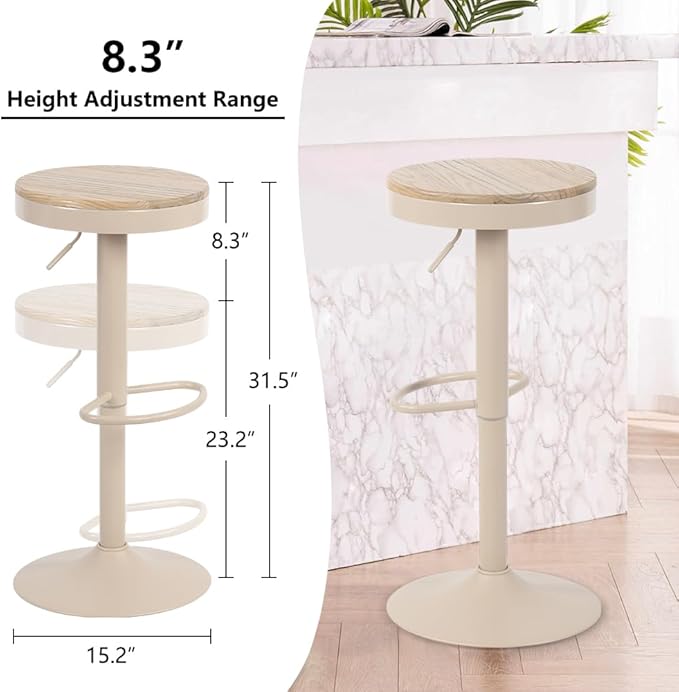 Kidol & Shellder Bar Stools Set of 6 Round Adjustable Swivel Barstools Modern Backless Bar Chairs Wooden Seat Counter Height Stools Armless for Kitchen Island, Cafe, Dining Room (Khaki)