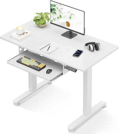 Casaottima Electric Standing Desk with Keyboard Tray, 35 Inch Height Adjustable Small Table, Sit Stand Table, Writing Computer Desk for Home, Office, Workstation, White