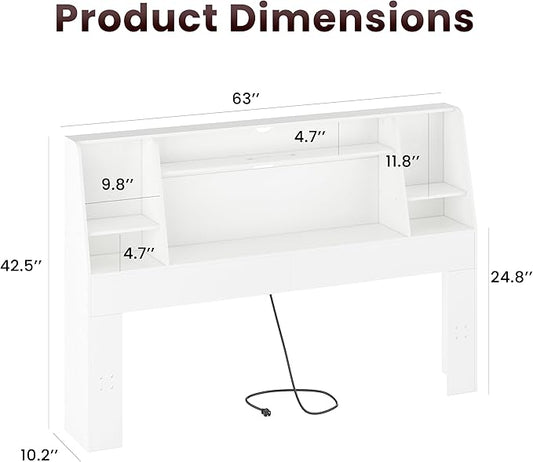 Queen/Full Headboard Queen Size with Storage, Wood Bookcase Headboard with Charging Station & 2 LED Lights, Modern Headboard Only for Queen Size Bed, Noise-Free, Sturdy and Durable, White