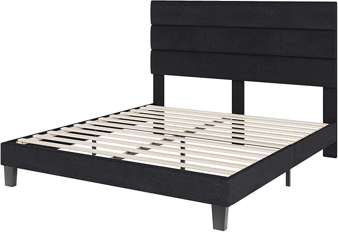 AMERLIFE Full Size Bed Frame with Linen Upholstered Headboard, Modern Platform Bed with Wooden Slats Support, Noise-Free, No Box Spring Needed, Easy Assembly, Black