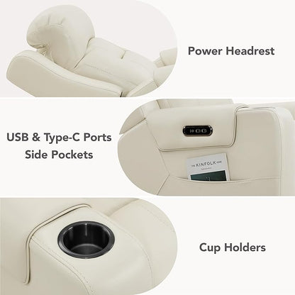 Watson & Whitely Oversized Genuine Leather Power Recliner Chairs for Big and Tall, Extra Wide Lay Flat Recliner with Power Headrest & Cup Holders, Electric Reclining Sofa for Living Room, Cream