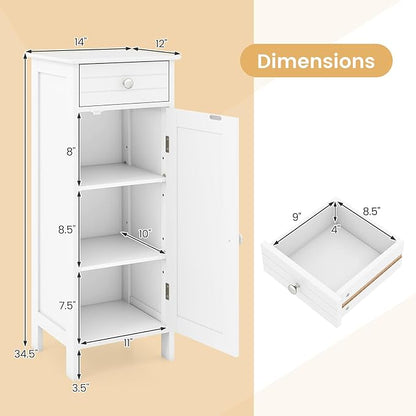 LOKO Bathroom Floor Cabinet, Freestanding Single Door Storage Cabinet with Drawer & Adjustable Shelves, Corner Narrow Storage Organizer for Living Room, Entryway (White)