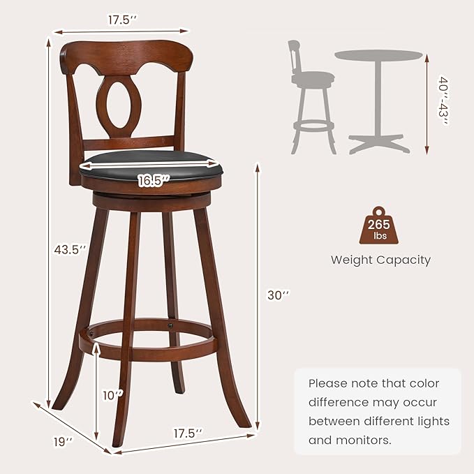 COSTWAY Bar Stools Set of 2, 30 Inch Swivel Bar Height Chairs with Ergonomic Back & Footrest, Vintage Wooden Barstool Set for Kitchen Island, Pub, Bistro, Café, Espresso (2, 30 Inch)