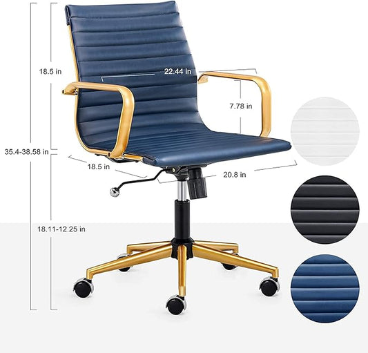 COROCC Office Desk Chair Modern Conference Room Task Chairs Leather Computer Swivel Excutive Ribbed Ergonomic Rolling Gold Desk Chair for Home Office