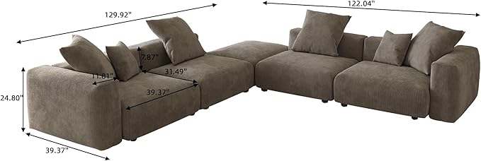 Oversized Modular Sectional Sofa with Ottomans,5 Seater Corduroy V Shaped Reversible Corner Couch,141.73" Convertible Sofa & Couch Free Combination for Living Rooom,Brown