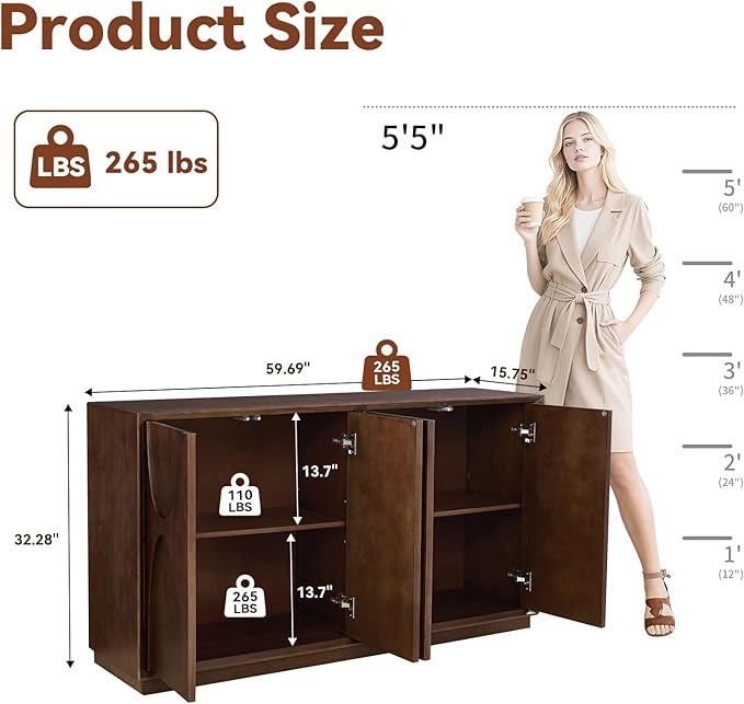 LKTART 59" Sideboard Buffet Cabinet Retro Accent Storage Cabinet with Magnetic Door Latches Adjustable Shelf for Living Room Kitchen(Walnut)