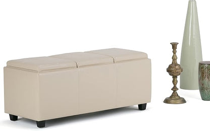 SIMPLIHOME Avalon 42 inch Wide Contemporary Rectangle Storage Ottoman in Satin Cream Vegan Faux Leather, Assembled, for the Living Room, Entryway and Family Room