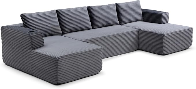 132 Inch Modular Sectional Sleeper Sofa, Boneless Cloud Couch for Living Room, U Shaped 5 Seat Sofa with 2 Cup Holders, Free Combination, No Assembly Required (Grey)