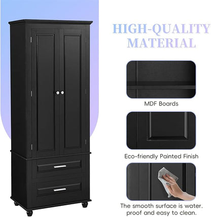 Polibi Tall Storage Cabinet with 2 Drawers, 3-Tier Adjustable Shelves & 2 Doors, Floor Freestanding Cabinet for Bathroom, Living Room, Black