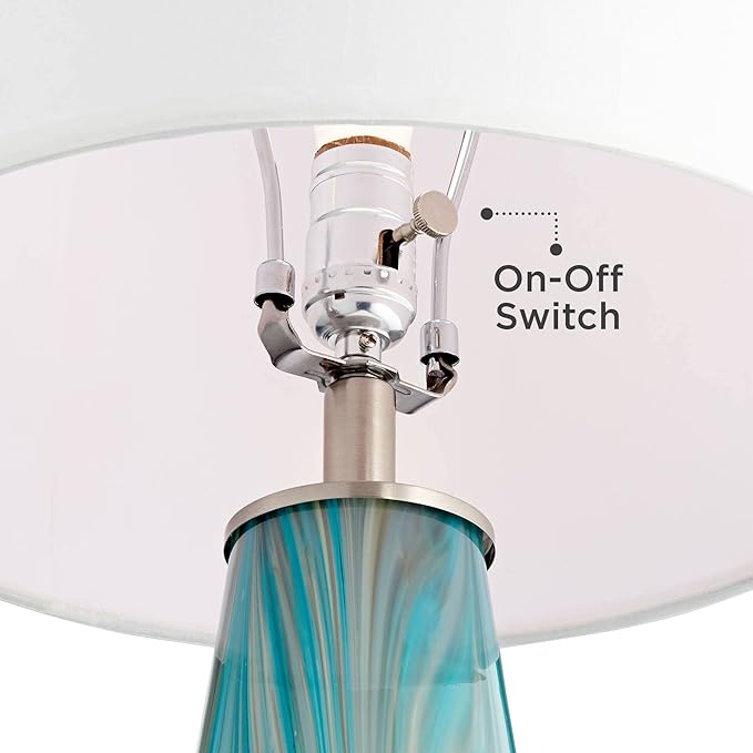 Possini Euro Design Jaime Modern Table Lamps 26" Tall Set of 2 Blue Smoky Gray Swirls Art Glass White Fabric Drum Shade Decor for Bedroom Living Family Room Bedside Nightstand House Home Office