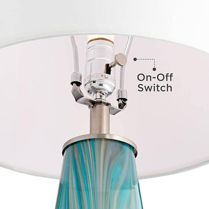Possini Euro Design Jaime Modern Table Lamps 26" Tall Set of 2 Blue Smoky Gray Swirls Art Glass White Fabric Drum Shade Decor for Bedroom Living Family Room Bedside Nightstand House Home Office