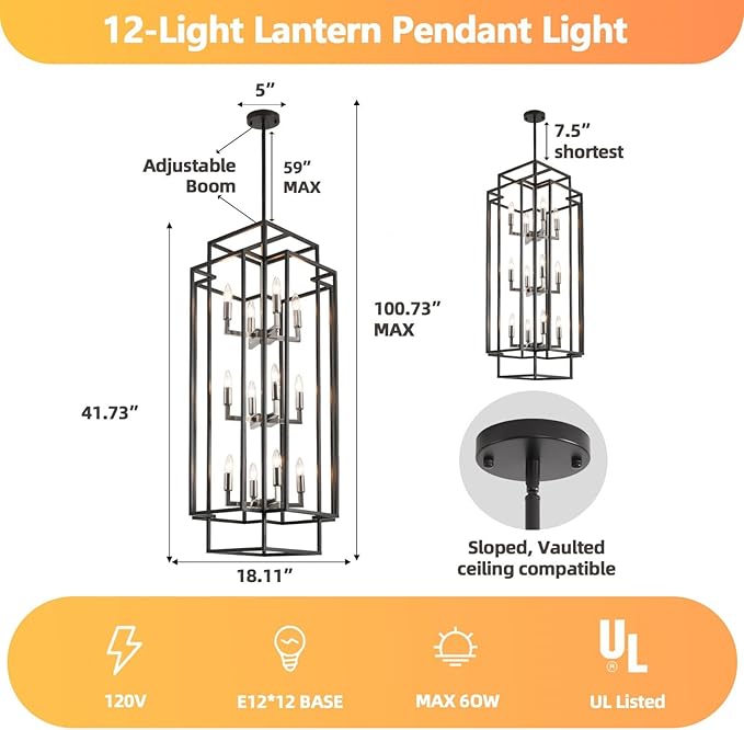 High Ceiling Entryway Chandelier: 12-Light Farmhouse Lantern Chandelier, Industrial Large Pendant Light Fixtures, Foyer Chandeliers for High Ceilings, for Entry, Staircase, Hallway (Black & Silver)